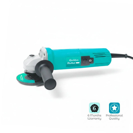angle grinder with 'Golden Bullet' branding on a white background