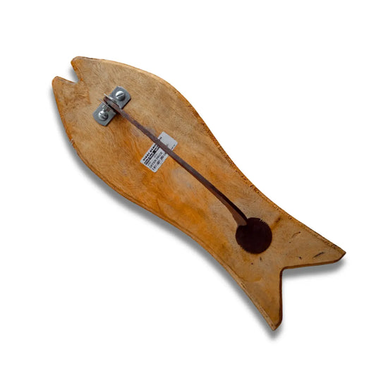Wooden fish-shaped tradtional vili with carbon steel blade on a white background