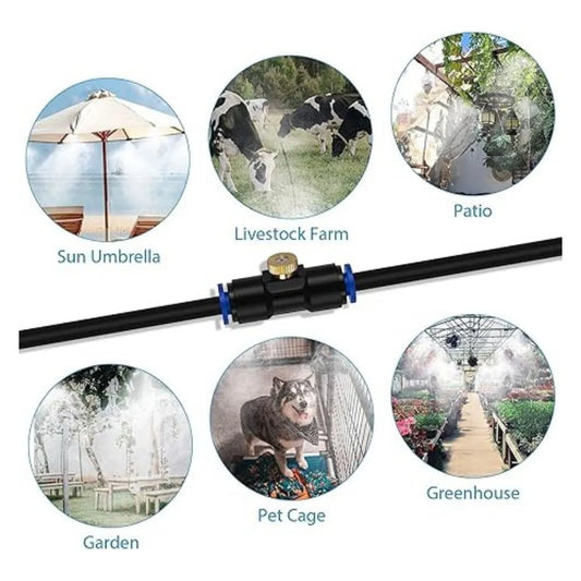 Fogger system with various application scenarios including sun umbrella, livestock farm, patio, pet cage, and greenhouse.