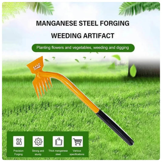 Weeding tool with text on a green background
