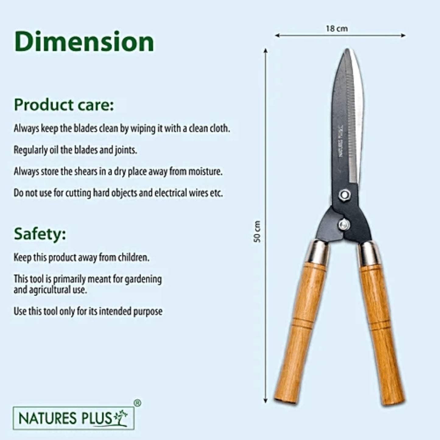 Gardening shears with dimensions and care instructions on a light blue background
