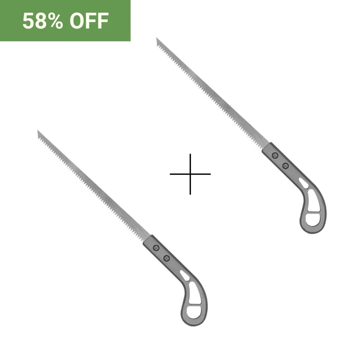 two lightweight hacksaws with a promotional text 58% off on a white background