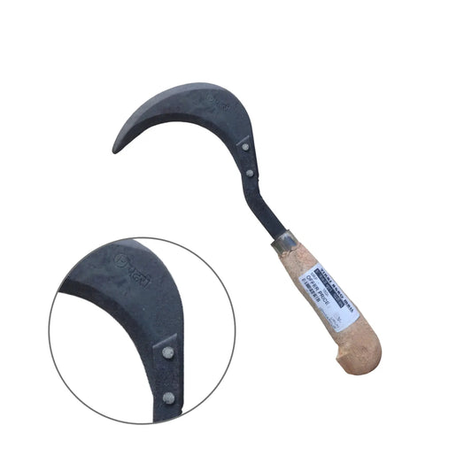 Sickle with wooden handle on a white background