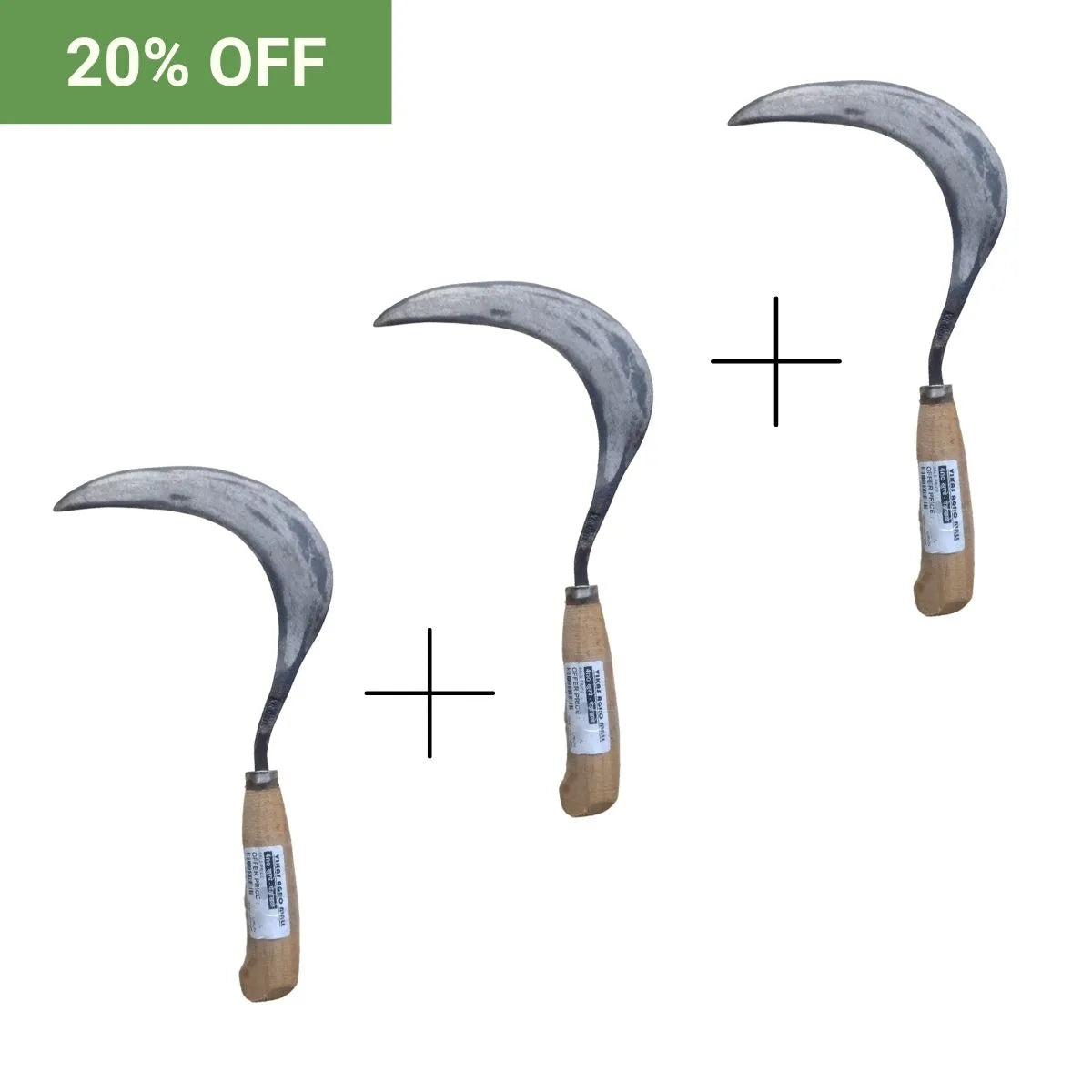 Three sickles with wooden handles on a white background, with a 20% off label.