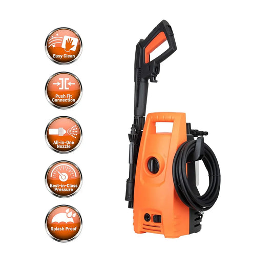 Orange pressure washer with features highlighted on a white background
