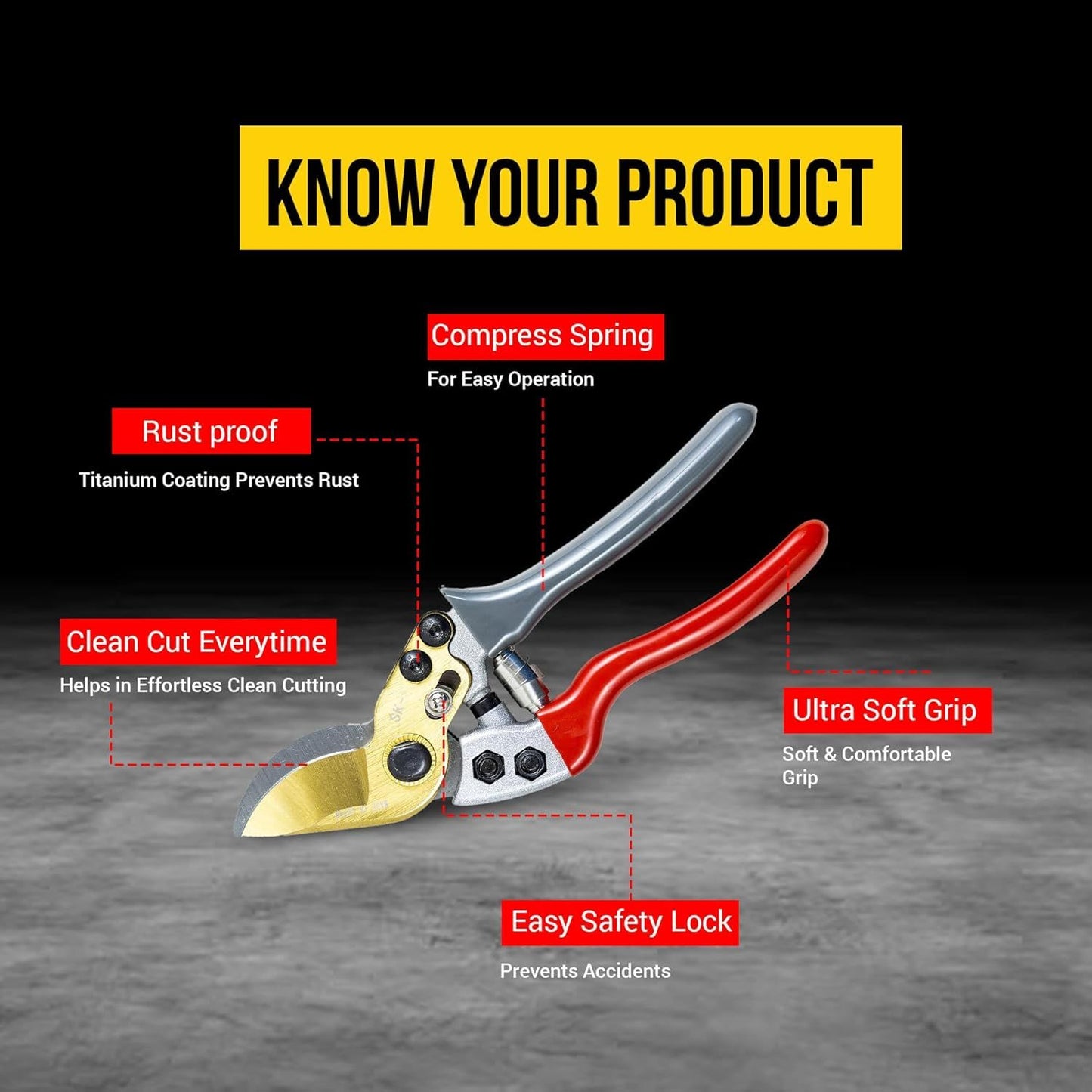 Pruning shears with features highlighted on a dark background