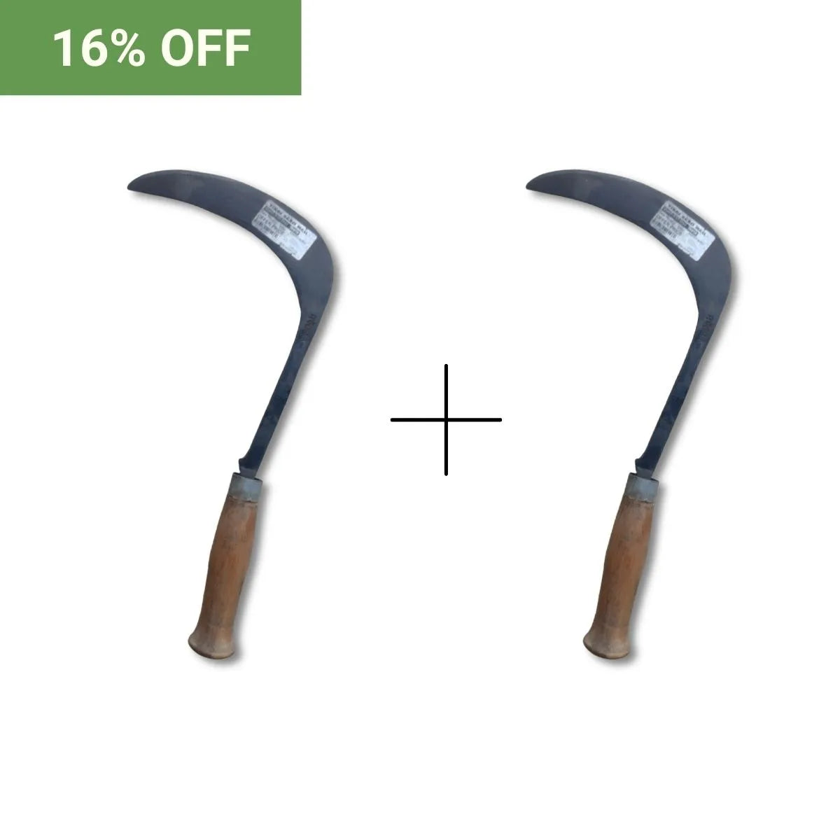 Two banana sickles with wooden handles on a white background, promotional text '16% OFF' in green box.