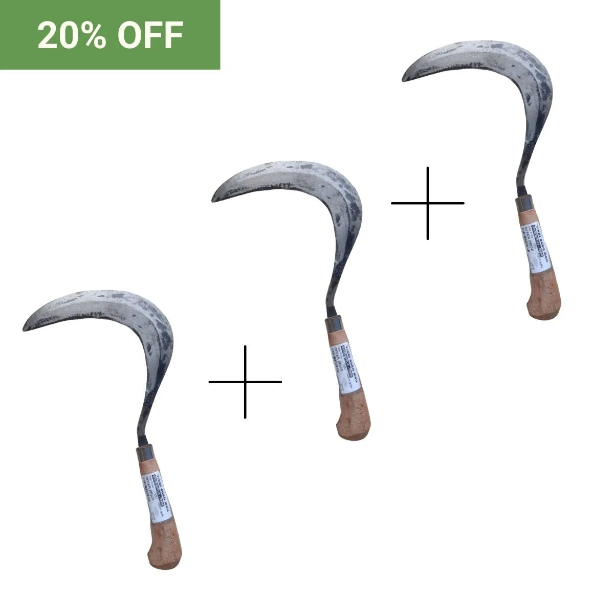 Three sickles with wooden handles on a white background, with a 20% off label in the top left corner.