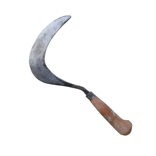 Old-fashioned sickle with a wooden handle on a white background
