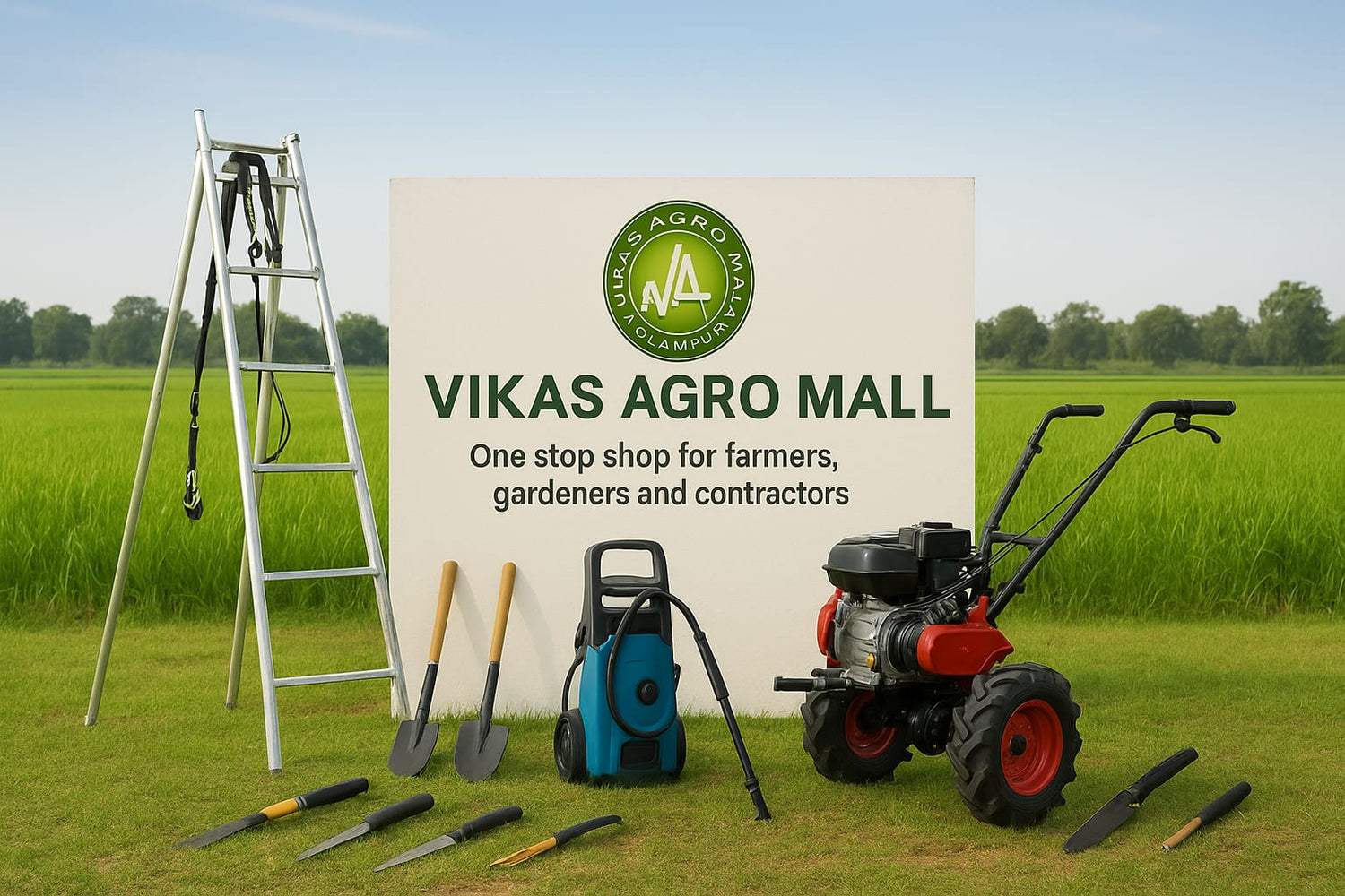 Latest agricultural tools and equipment display at Vikas Agro Mall farmyard — including tree climber, bush weeder, sprayer pump, pruner, and power tiller arranged outdoors in natural light.