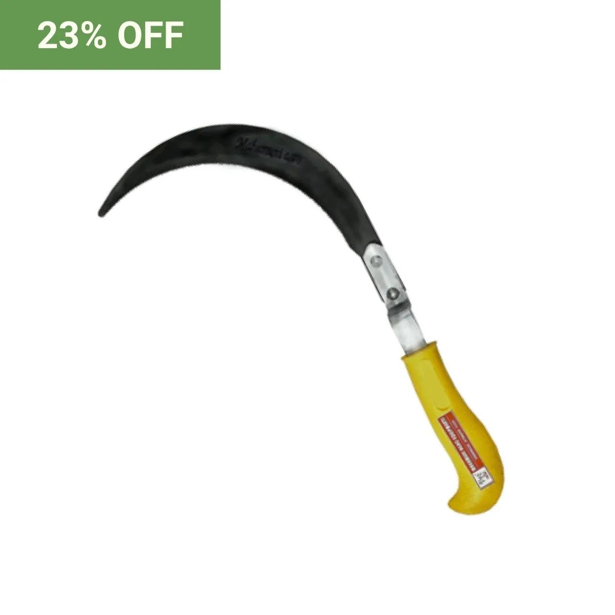Gardening tool with yellow handle and black blade on a white background, featuring a 23% off label.