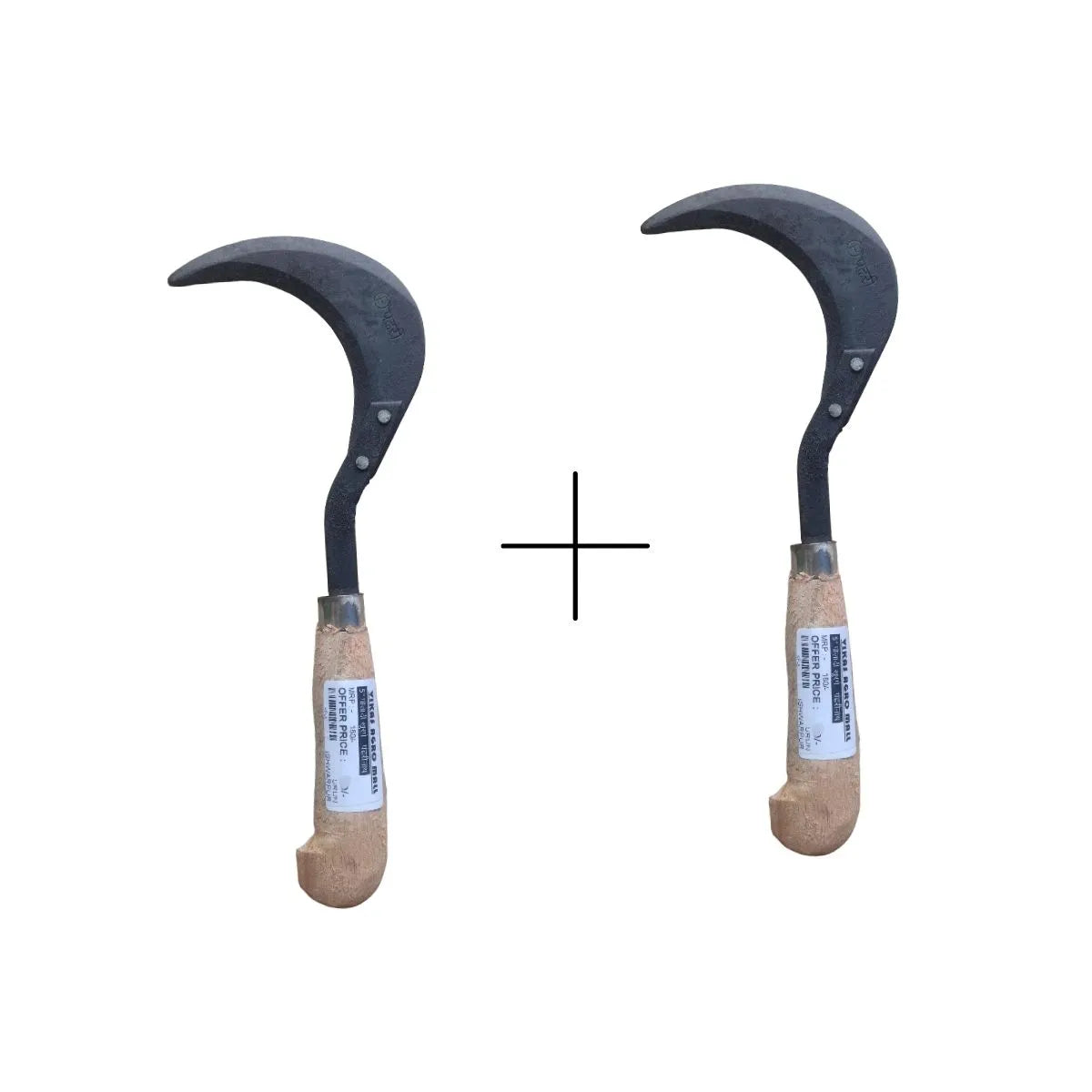 Two sickles with wooden handles on a white background