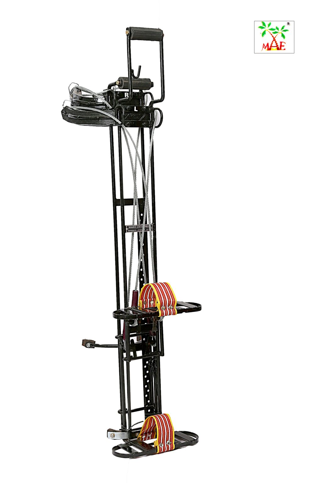 Black coconut climber device with a white background, featuring the MAE logo.