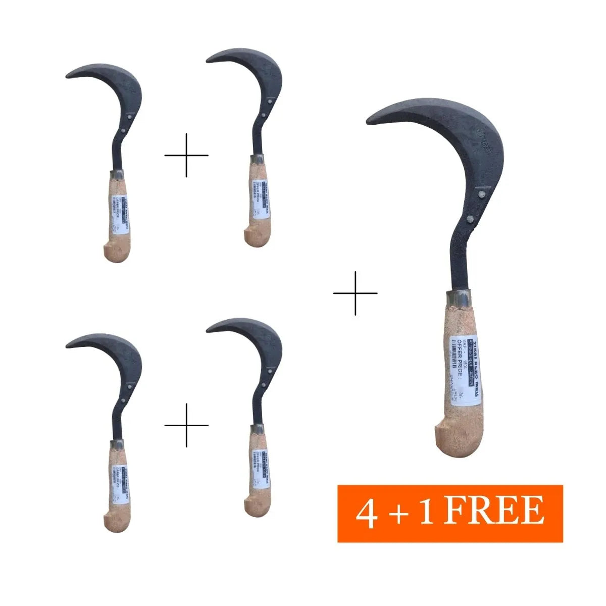 Five sickles with wooden handles on a white background, with an additional one free.