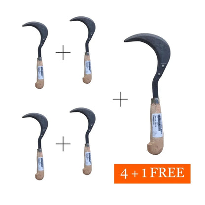 Five sickles with wooden handles on a white background, with an additional one free.