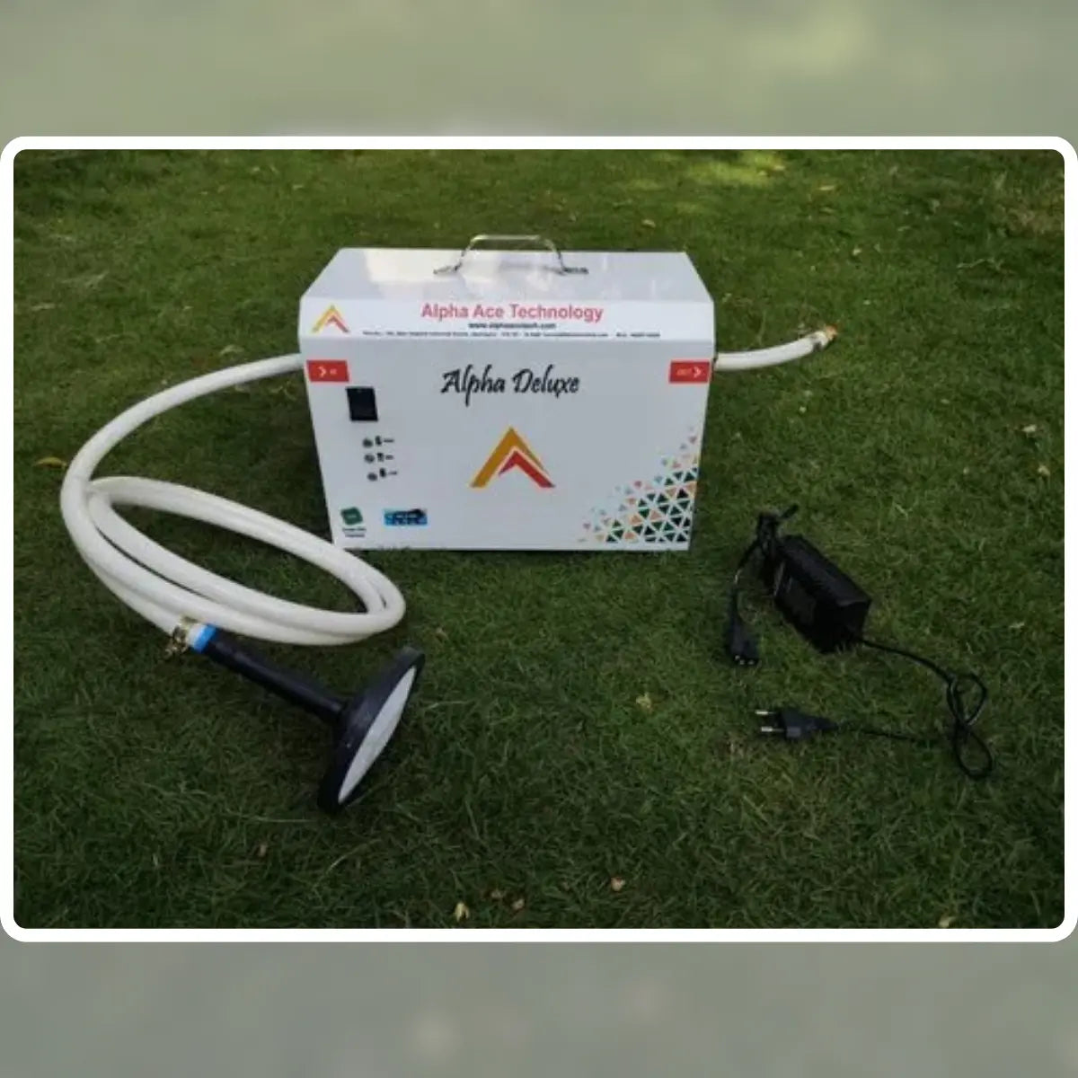 Alpha Ace Technology product packaging with accessories on a grassy background-Alpha Deluxe  Pressure injector