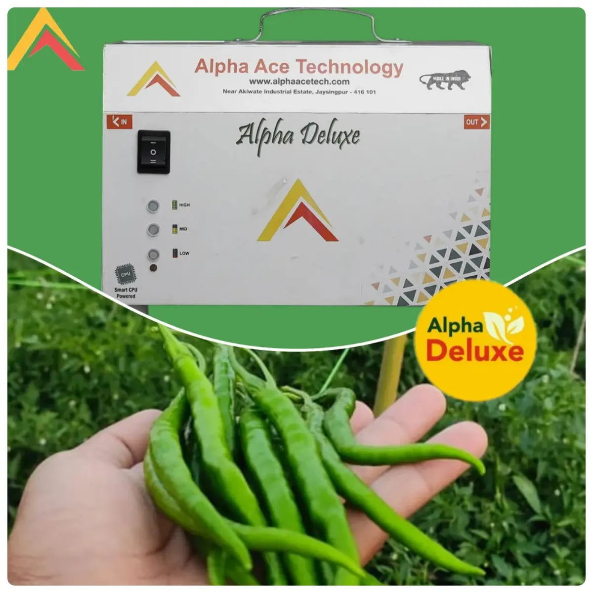 Hand holding green chilies with Alpha Deluxe branding on a green background- Pressure fertilizer injector