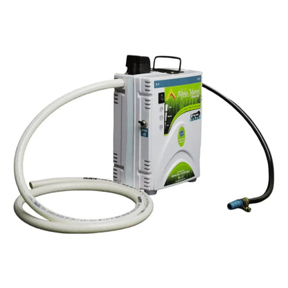 Battery operated fertilizer injector for farms with hoses on a white background