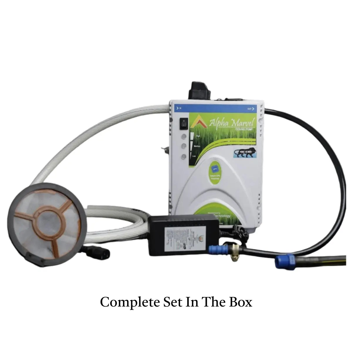 Fertilizer injector with hoses and connectors on a white background