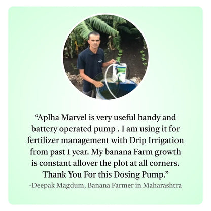 Person holding a fertilizer pump with a testimonial about its use in banana farming on a green background