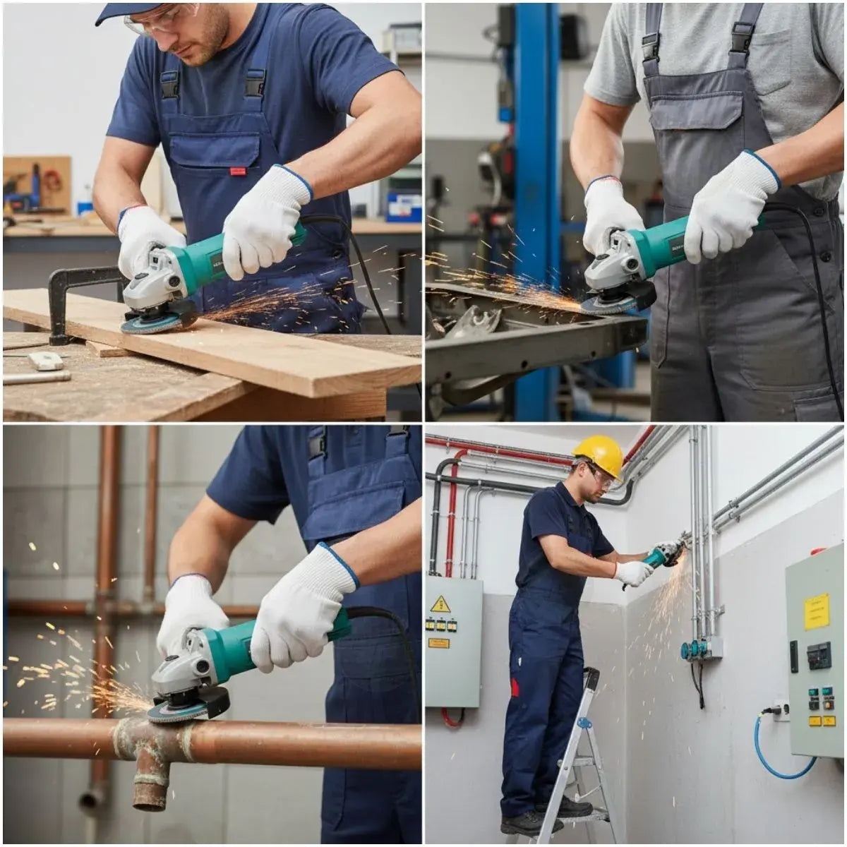 Collage of workers using angle grinders in various settings.
