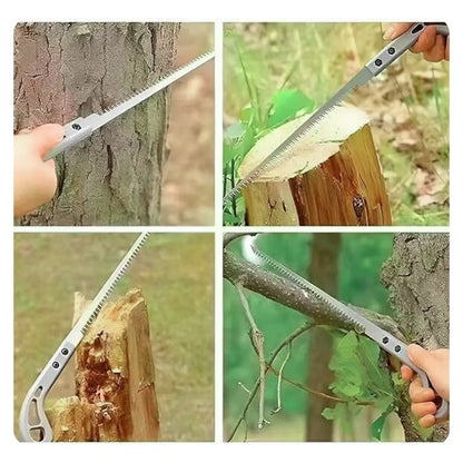 Collage of a person using a best low budget hand saw on tree branches and logs.