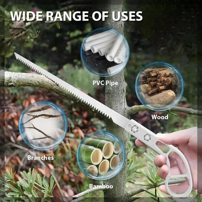 budget handsaw cutting through branches, PVC pipe, and wood with text 'Wide Range of Uses' and images of each item.