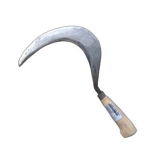 Sickle with wooden handle on a white background