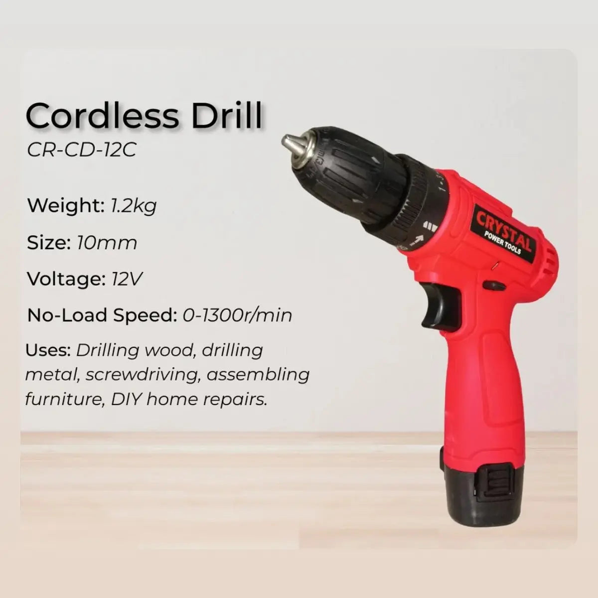 Red cordless drill with specifications on a light background