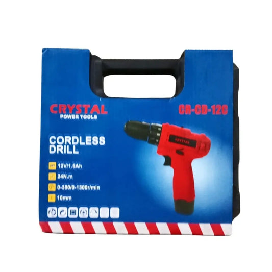 Crystal power tools cordless drill packaging with carrying case on a white background