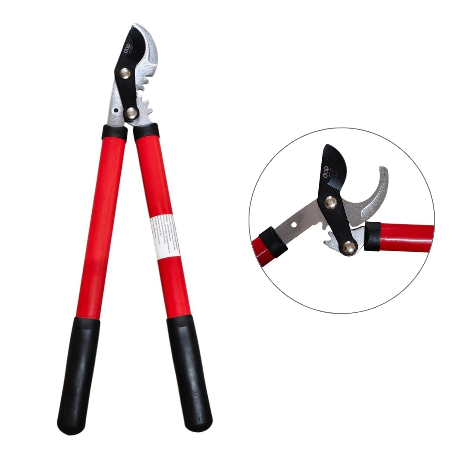 Garden pruning lopper with red and black handles on a white background