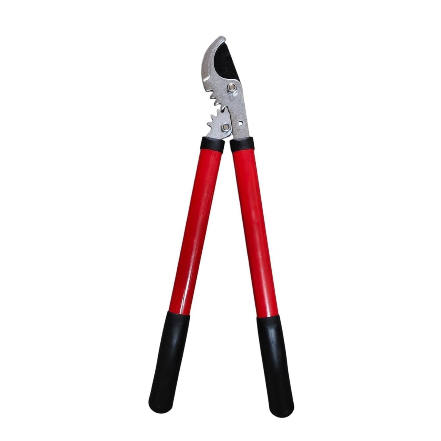 Garden pruning lopper with red handles on a white background