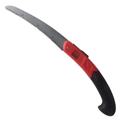 Folding saw Full length with red and black handle on a white background