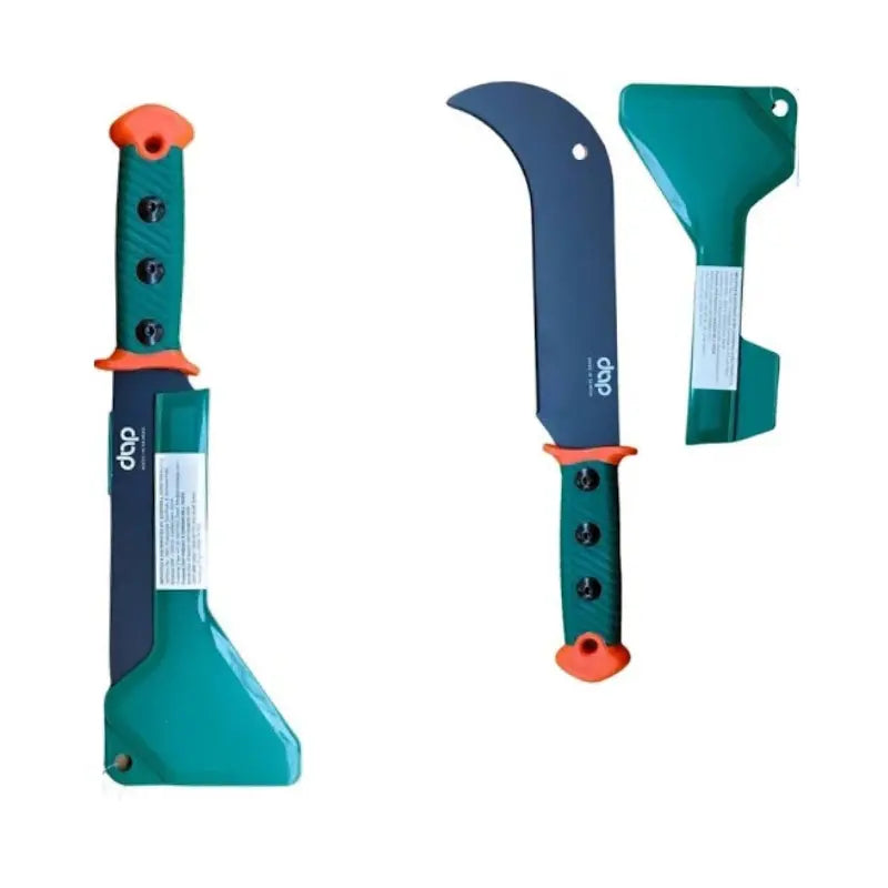 Two machetes with green and orange handles and blades on a white background