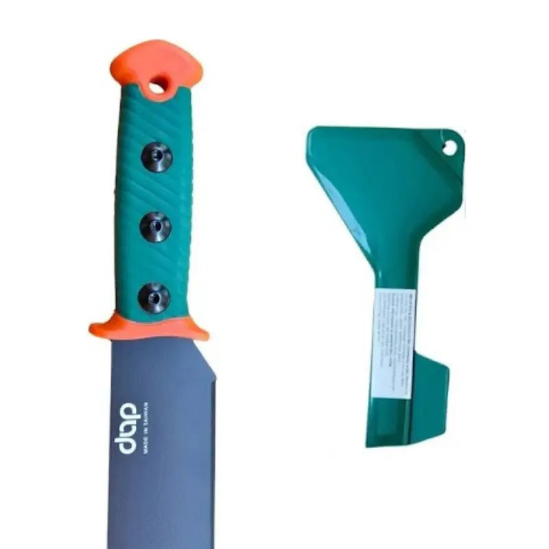Green cutting tool with orange handle on a white background