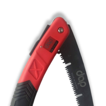 Red and black folding saw with 'dap' branding on a white background