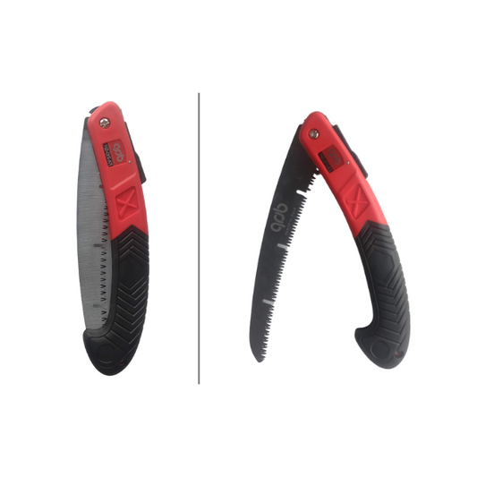 Folding saw with red and black handle on a white background