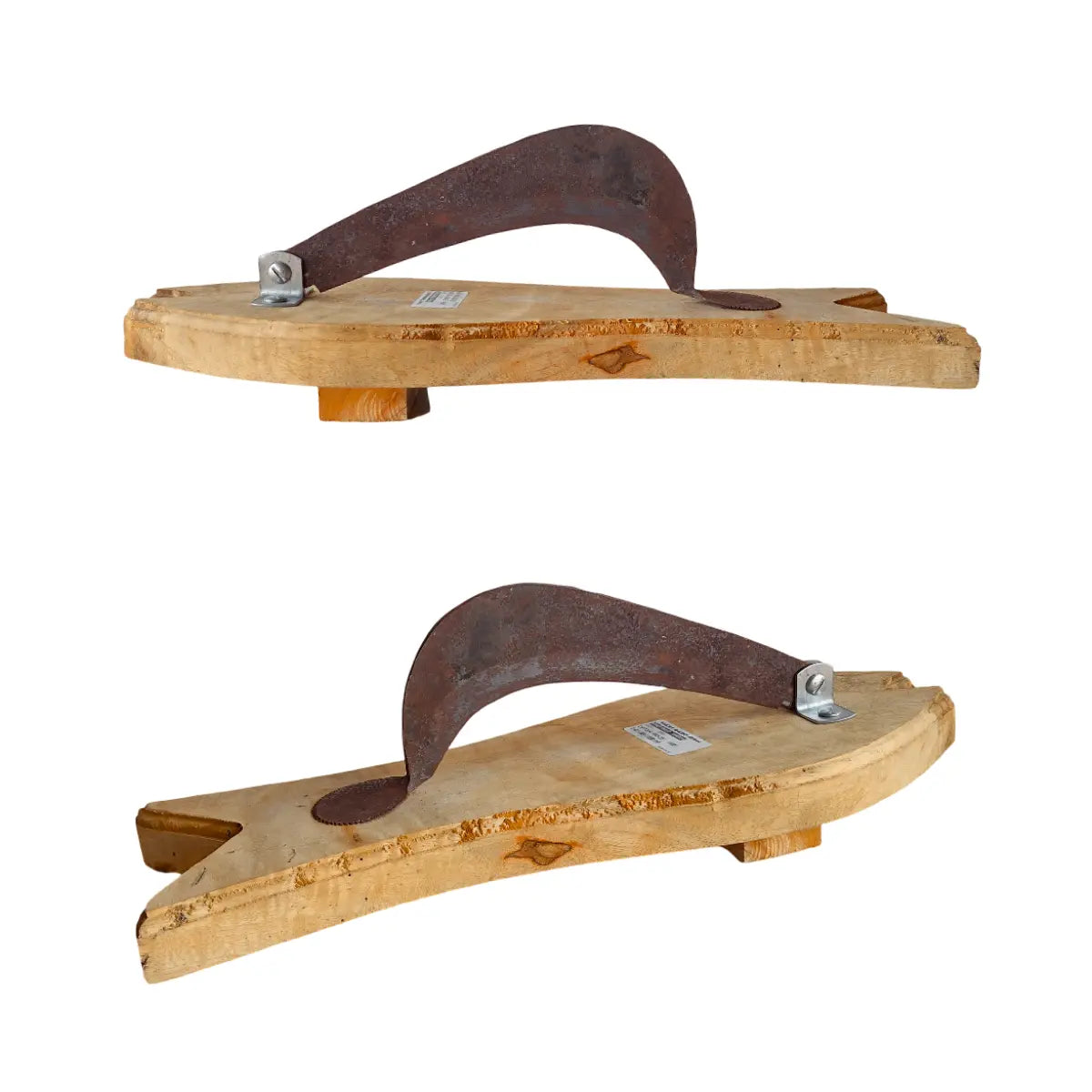 Pair of tradtional wooden vili with carbon steel blades on a white background