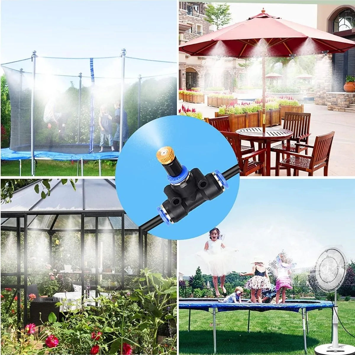 Collage of outdoor uses including a trampoline, patio, greenhouse, and garden with a central focus on a black and blue fogger nozzle.