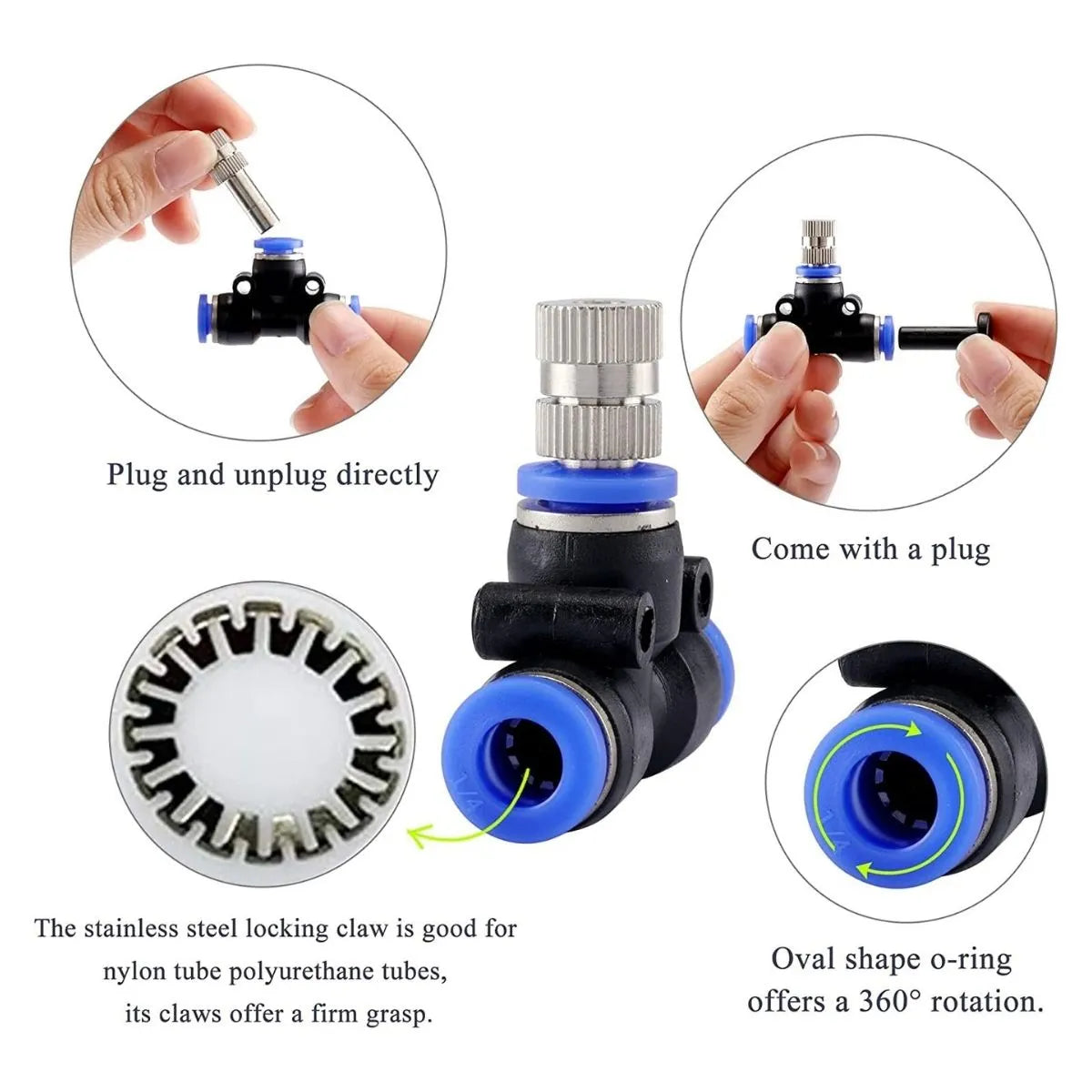 Fogger fitting with features highlighted on a white background