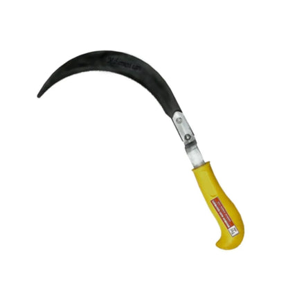 Sickle with black blade and yellow handle on a white background