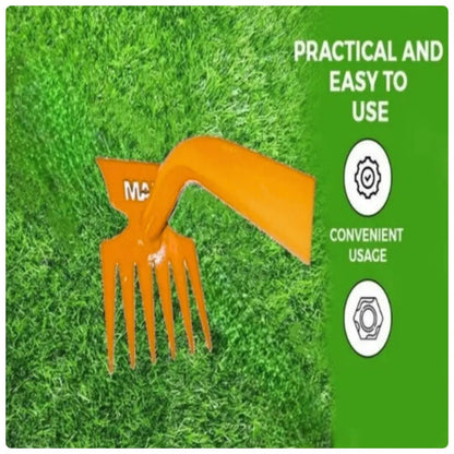 Orange weeder tool on grass with green background and text about practicality and ease of use.