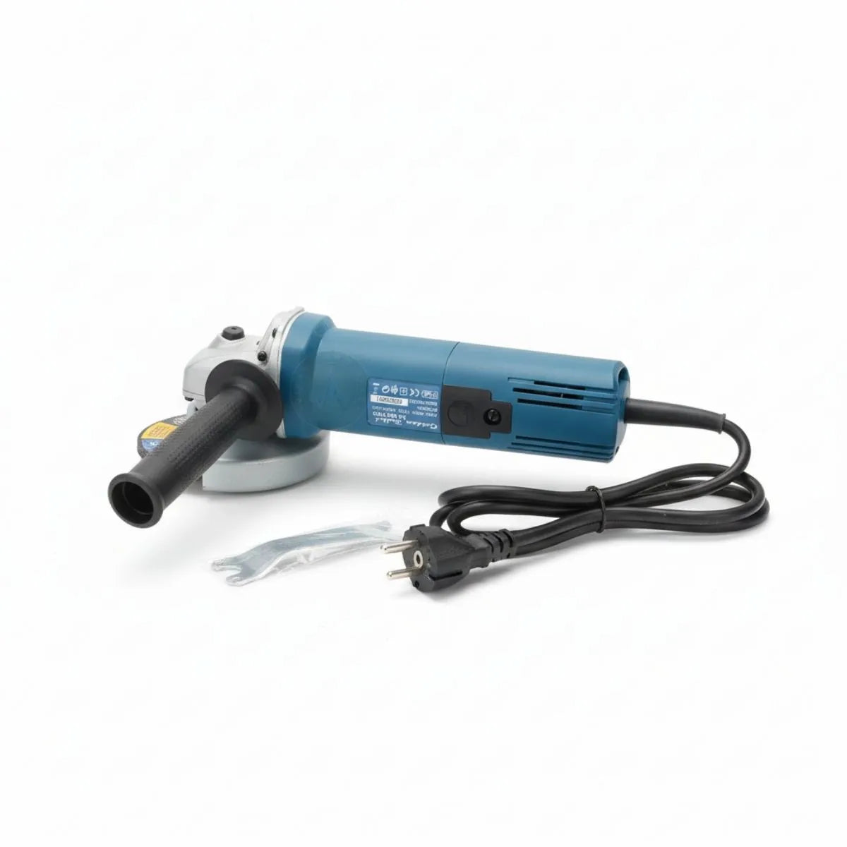 Blue angle grinder with power cord on a white background