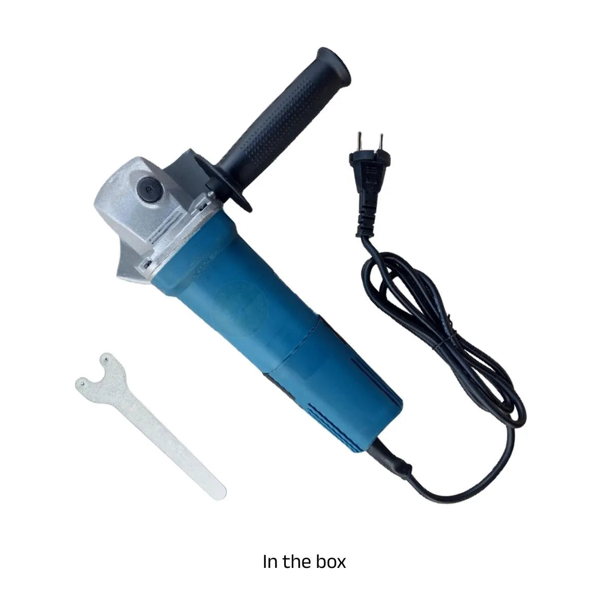 Blue angle grinder with power cord and wrench on a white background