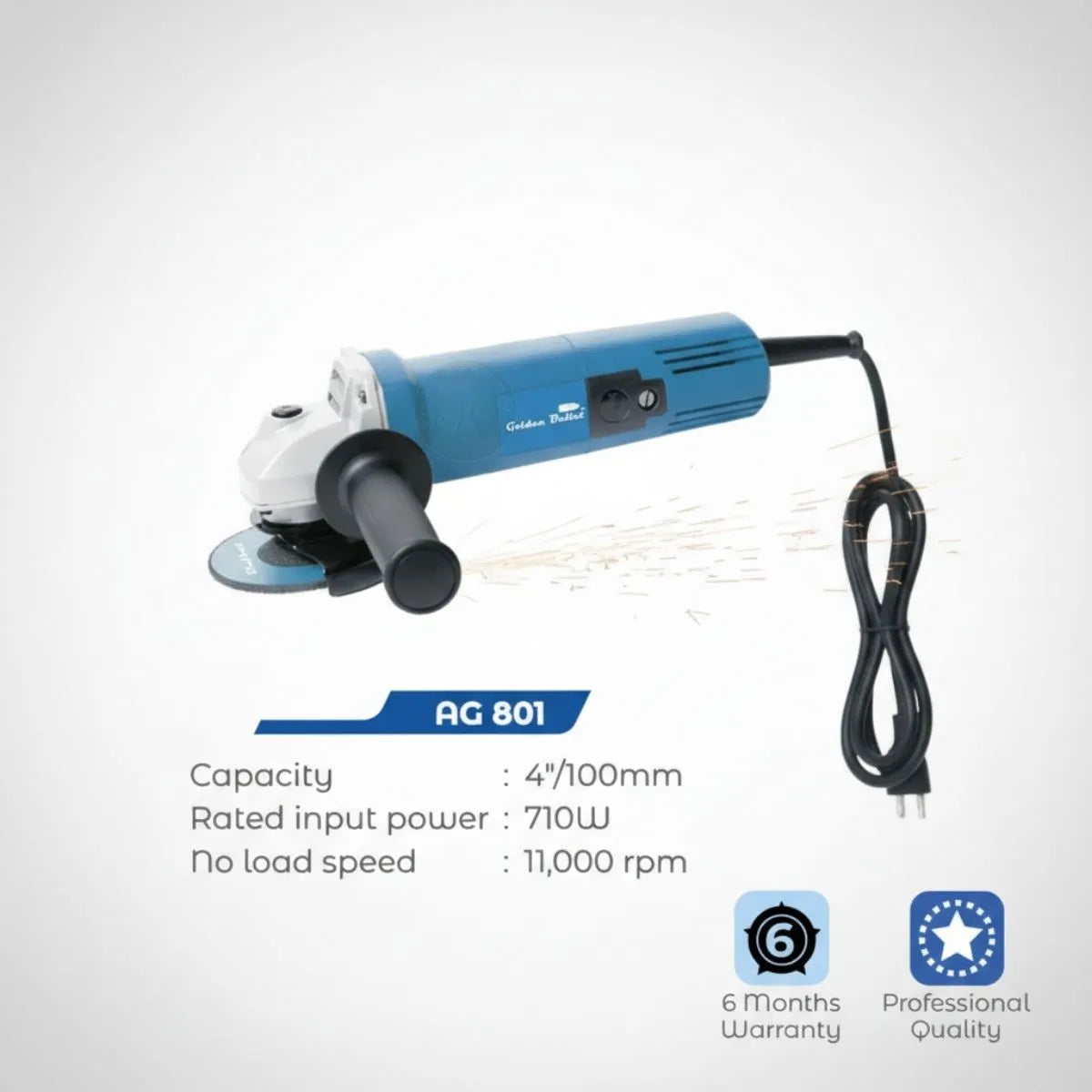 Blue angle grinder with specifications on a white background