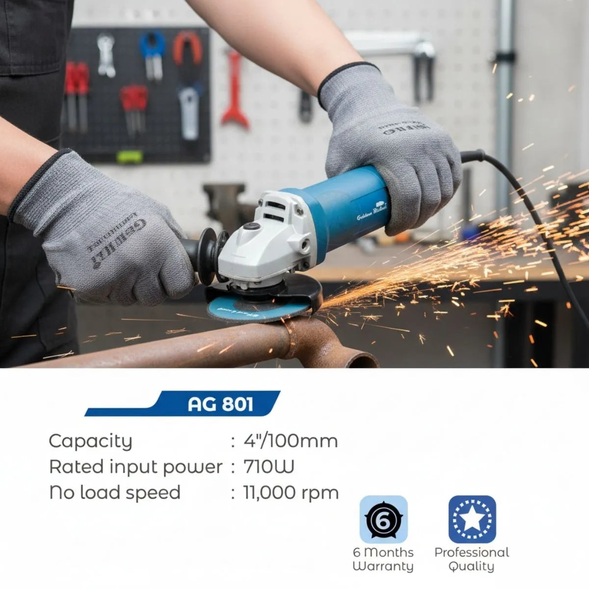 Person using a grinder with sparks, wearing gray gloves, in a workshop setting.
