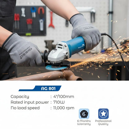 Person using a grinder with sparks, wearing gray gloves, in a workshop setting.