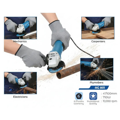 Angle grinder being used by mechanics, carpenters, plumbers, and electricians with product details.