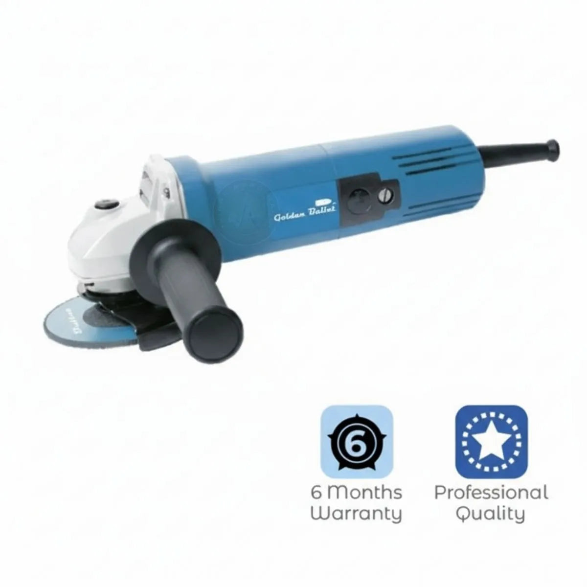 Blue angle grinder with 'Golden Bullet' branding on a white background, featuring warranty and quality icons.