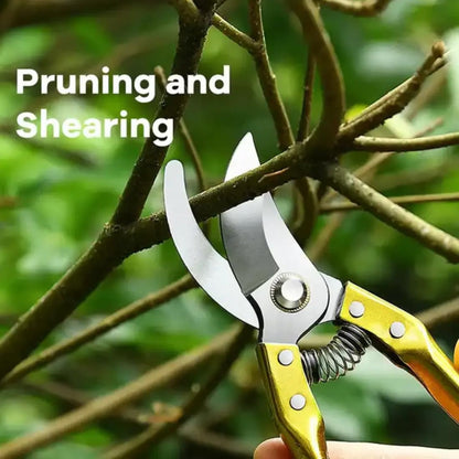 Gardening shears cutting through a branch with text 'Pruning and Shearing' on a blurred green background.
